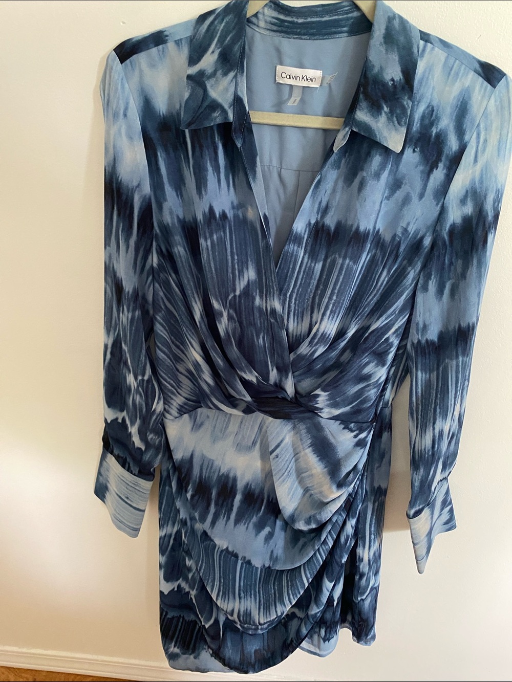 Calvin Klein Navy and Light Blue Tie-Dye Wrap Dress